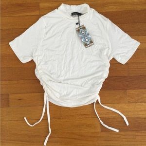Boohoo high neck, ruched side, short sleeve top, white, size 6